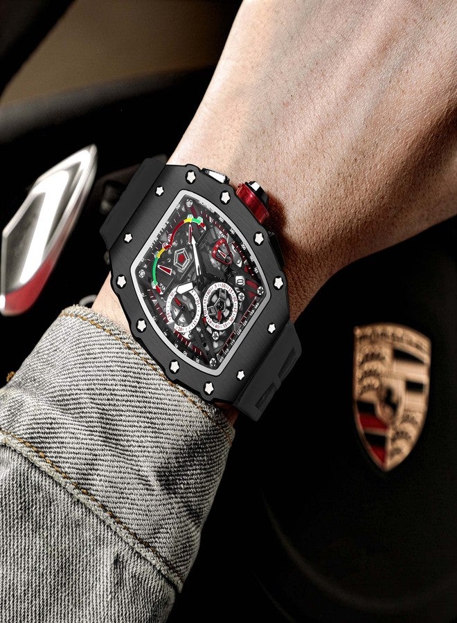 FANMIS Mens Luxury Tonneau Square Watches Analog Punk Chronograph Unique Sports Wrist Watch Japanese Movement Luminous Design with Rubber Band (Black Black) - Image 4